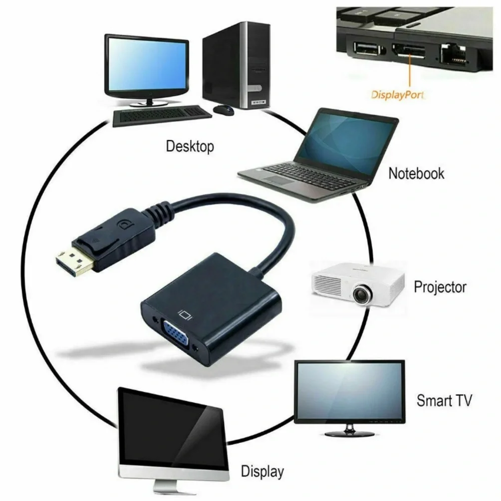 Display Port to VGA Female Video Cable Cord Converter Adapter PC Monitor Desktop